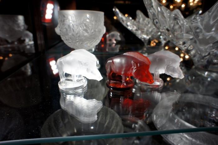 3 Lalique Boars White & Red Glass