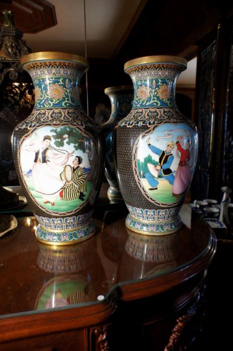 Pair of Hand Painted Cloisonne Vases