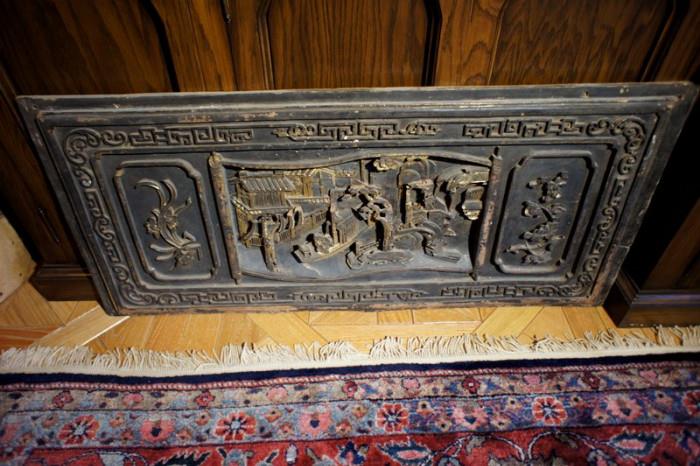 Pair of Antique Asian Carved Wood Relief Plaque