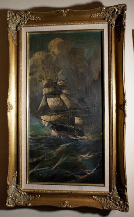 Oil on Canvas Ship at Sea - F. Lougauese