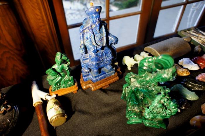 Two Carved Kwan Yin Malachite Figurines, Lapis with Coral Emperor