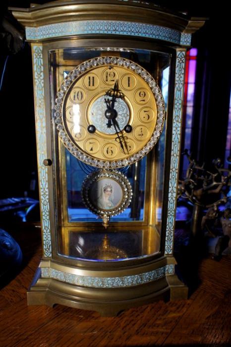 Tiffany & Co. Carriage Clock, Hand Painted Pendulum with Crystals