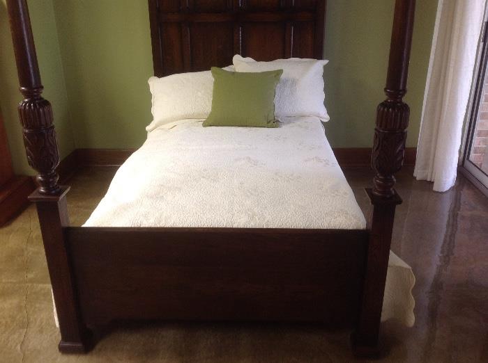 Standing at the foot of the Jacobsen, William & Mary bed giving a front view of this geogerous bed.