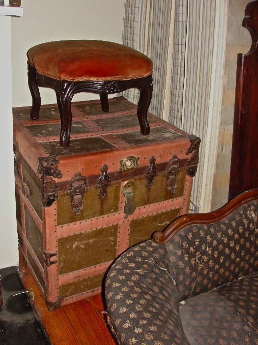 C.1875 Footstool and c. 1880 Richmond Labeled Large Steamer Trunk