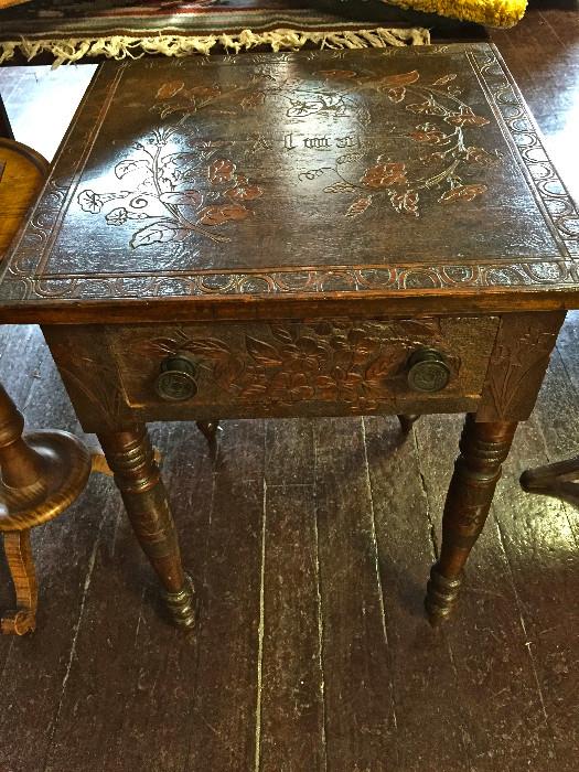 Rare Single Drawer Work Table c. 1820 with Finely Executed Folk Art Carving c. 1880