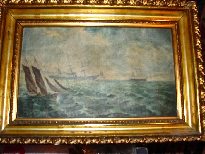Nice c.1860s Naval Scene - Oil on Canvas - Original Stretcher and Frame - Possibly Confederate Blockade Runner