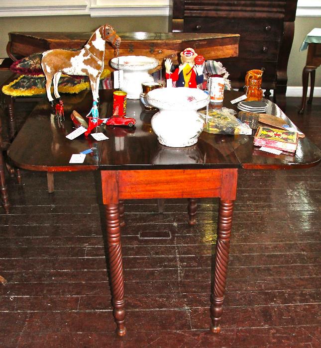 C. 1825 Mahogany Dropleaf Table and Antique Toys