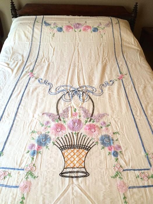 Vintage hand-embroidered twin-size bedspread, no tears or stains