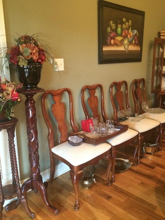 Carved plant stands/pedestals, chairs to dining-room table