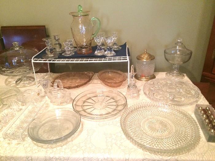 Glass and crystal cake plates; amber Depression glass cake plate and vegetable bowl