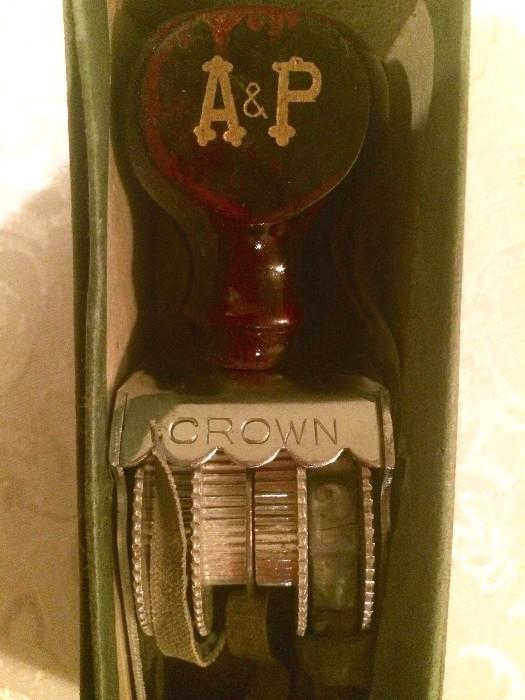 A&P date stamp with wood handle in box