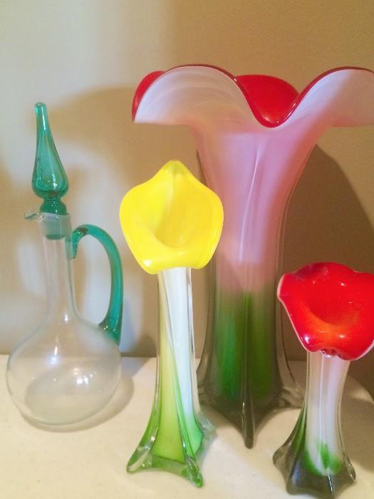 Blown glass vases and decanter
