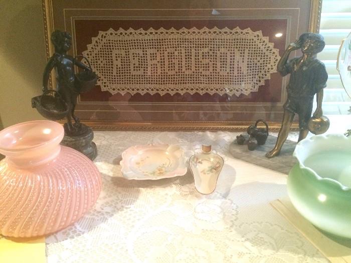 Ferguson lace crochet, antique lamp shades, Moreau bronzes