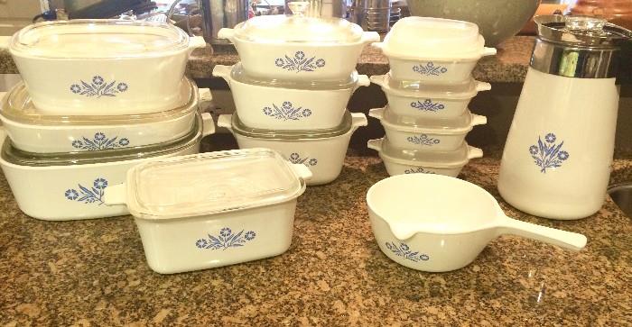 Vintage Corningware set with lids and complete stovetop percolator