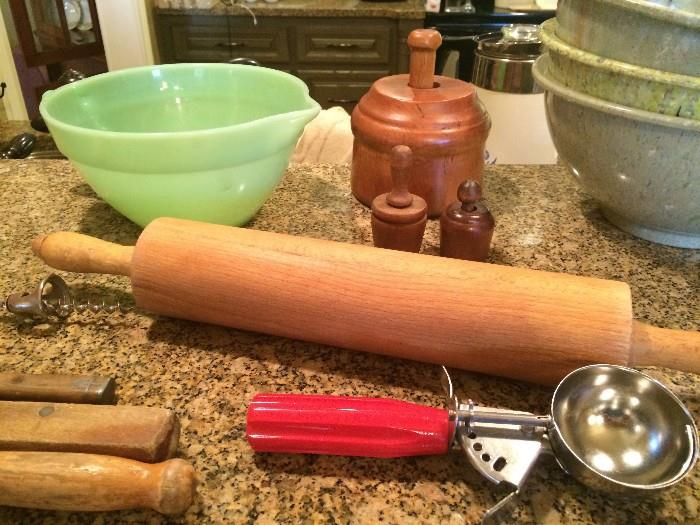 Fire King Jadite mixing bowl and butter bolds; bakelite-handled ice-cream scoop
