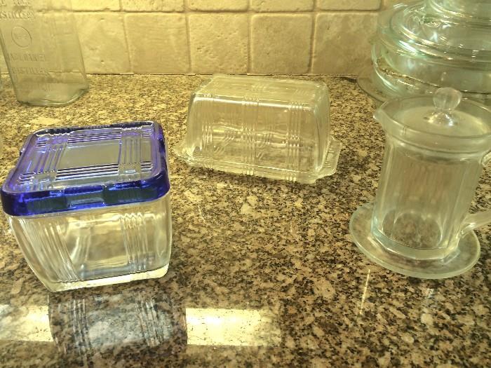 Antique glass refrigerator dish and covered butter and creamer