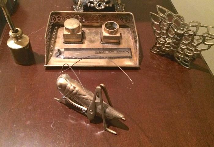 Vintage brass hinged grasshopper, inkwells set, butterfly napkin or letter holder