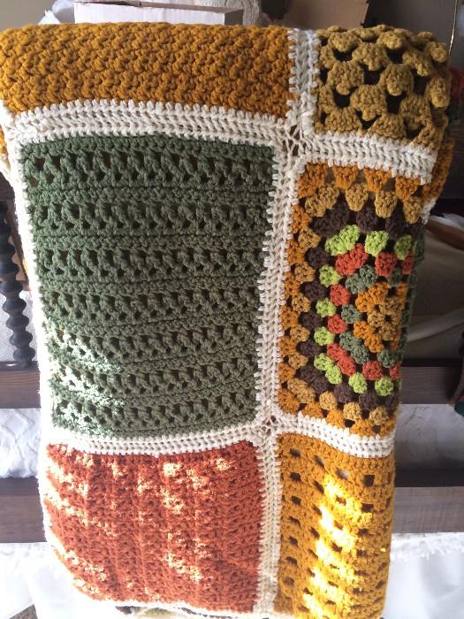Lovely full-size crochet throw in 70s colors