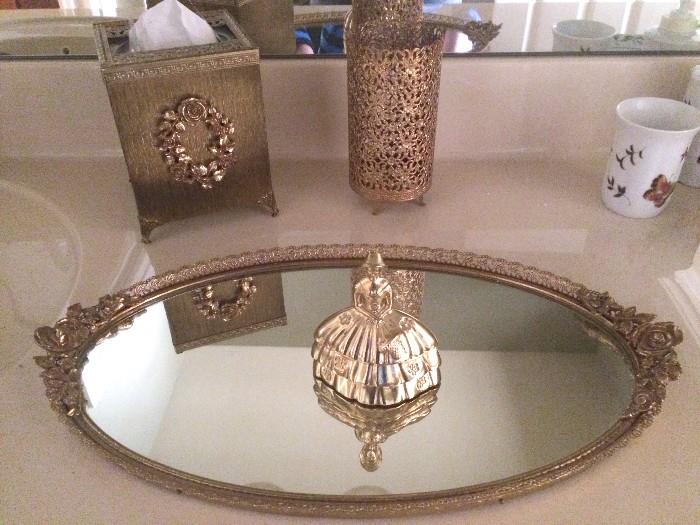 Vintage vanity tray, belle brass bell, tissue box