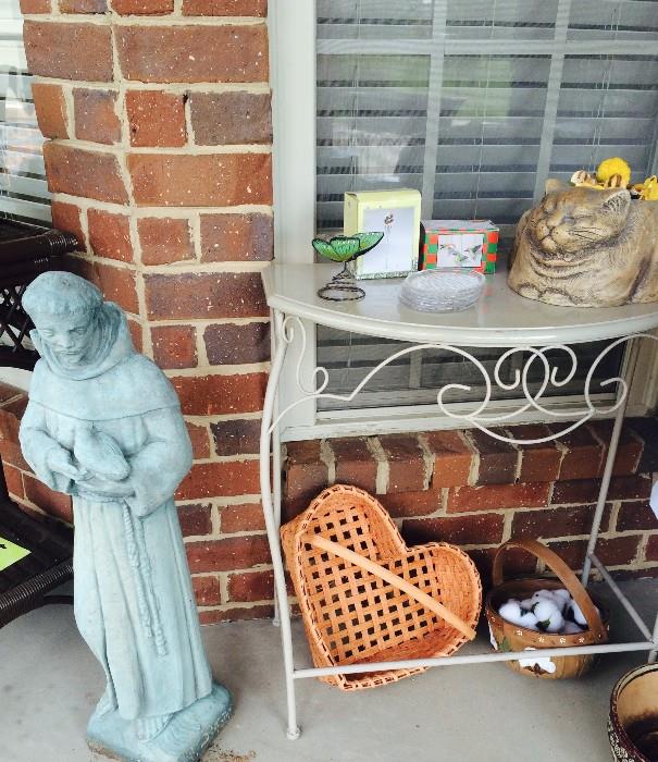 Saint figure yard art, cat planter, heart basket, metal/glass-top table