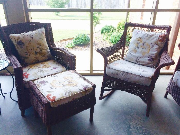 Wicker patio chair/ottoman and one of two rockers