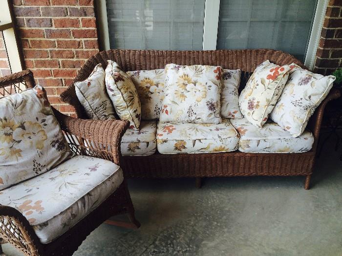 Wicker patio settee and side chair