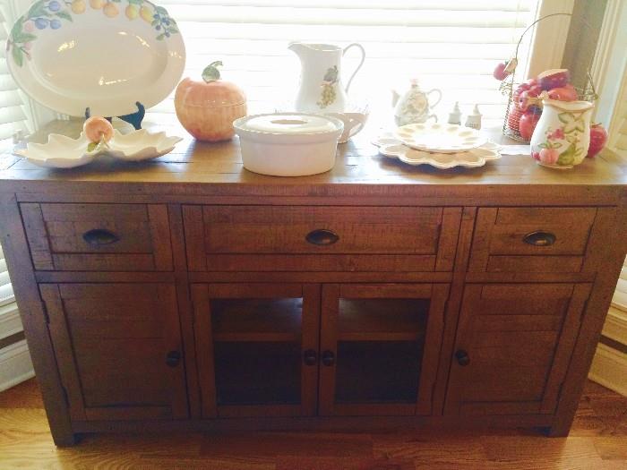 Rustic but new kitchen sideboard (it's actually blue-gray) with decorative kitchen ceramics
