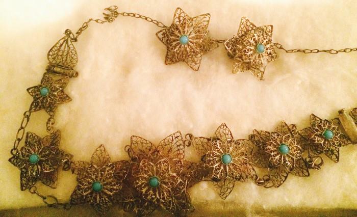 Antique filigree/turquoise necklace and matching clip-ons