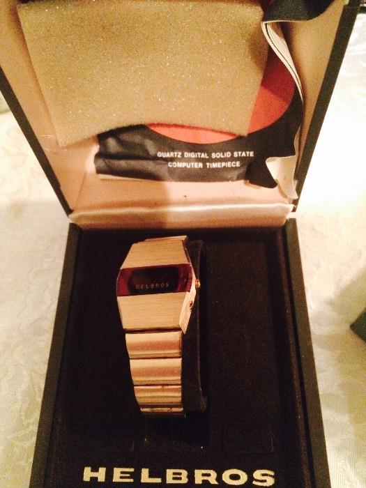Helbros red-faced lady's vintage digital watch in box with paperwork