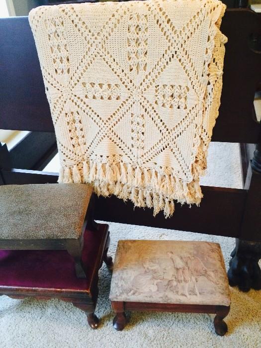 Gorgeous full-size cream crochet spread and more upholstered footstools