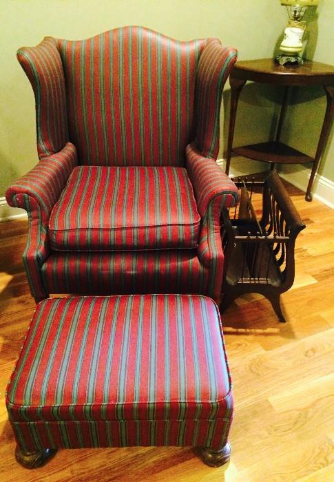 Upholstered wing chair and ottoman