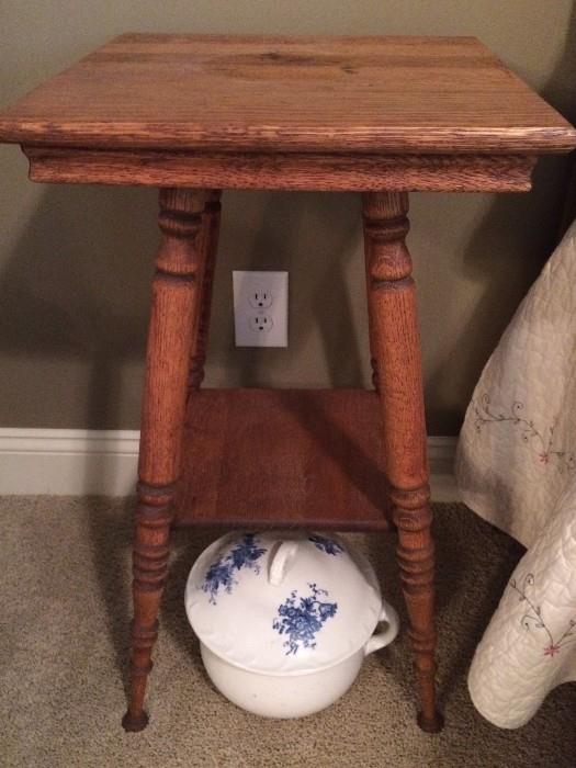 Antique oak side table and lidded chamber pot
