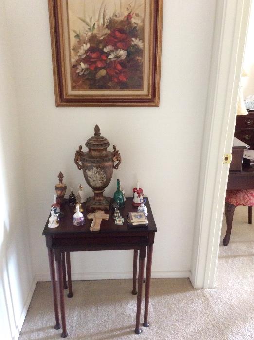 Set of nesting tables and collection of fine bells. 