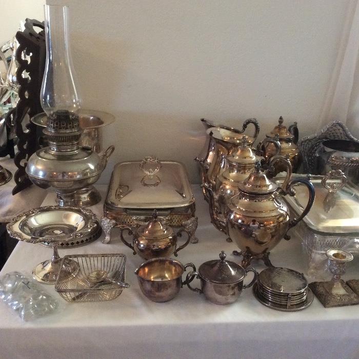Loads of silverplate serving pieces. 