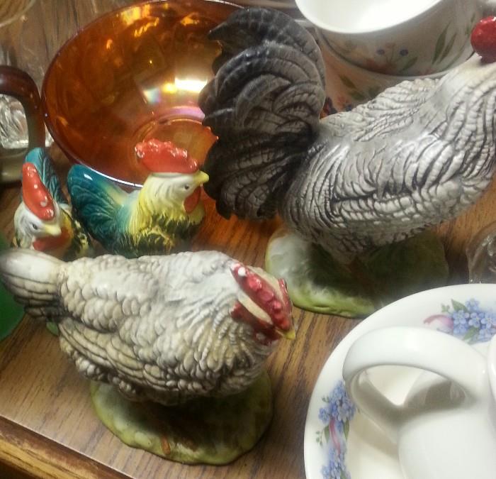 Collection of chickens and hens, carnival glass, cups  saucers, and lots of glassware