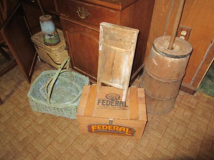 Butter churn, Federal ammunition wooden box, vintage tin in picnic basket style, antique washboard, pair of blue baskets.