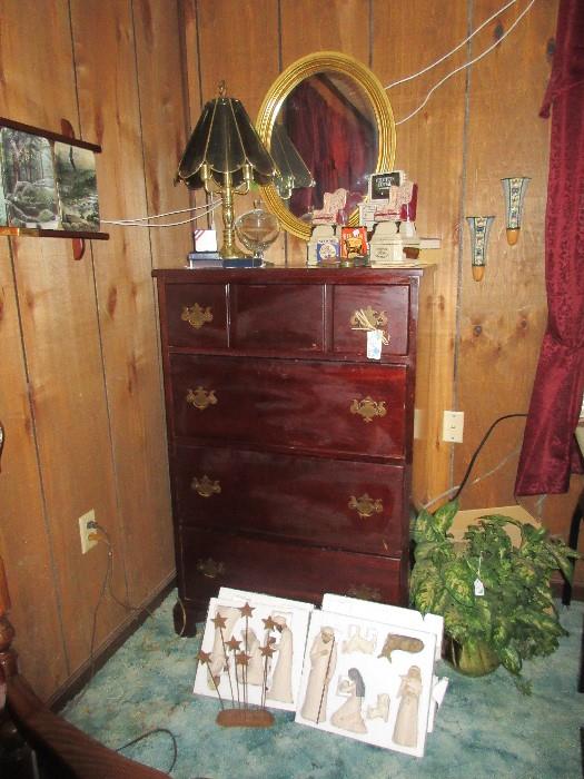 Vintage tall chest with batwing drawer pulls. New  9 piece Willowtree nativity.