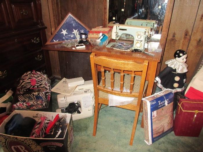 Brothers table top sewing machine, vintage sewing machine in cabinet with chair.  