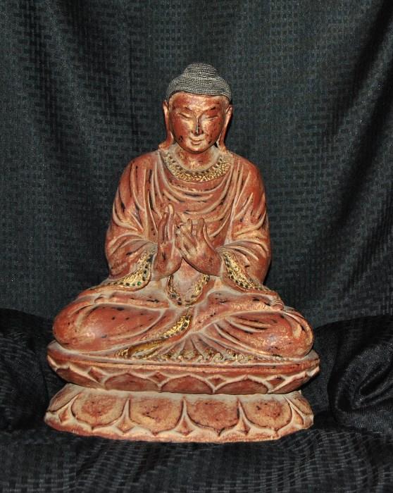 Thai Wood Carving of Buddha, Seated Lotus Posiiton on Dias Painted 45 cm