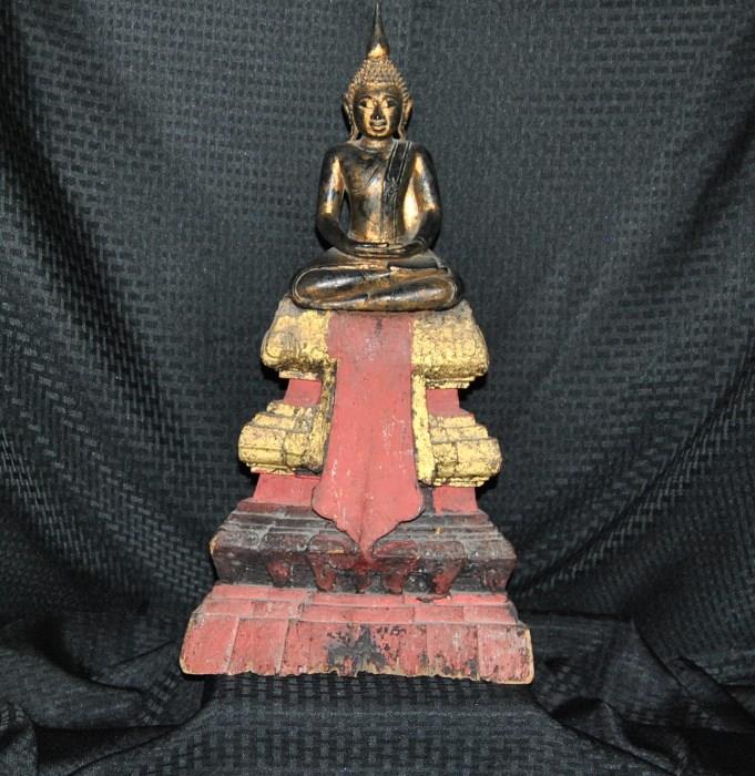 Wood Carving of Seated Buddha on Multi-Tiered Dias, Gilt 19th Century, 56 cm