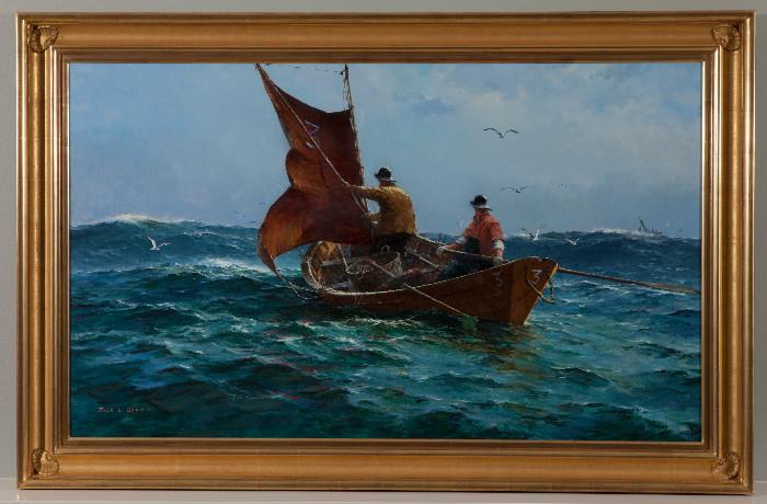 Jack L. Gray (1927-1981), 29x49 oil on canvas. Well known, listed, marine artist."Squall on Georges Bank"