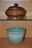 More Art Glass and Wooden Hand Painted Covered Bowl