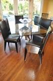Italian Made Glass and Chrome Rectangular Dining Table with 6 Black Leather and Chrome Chairs