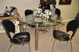 Italian Expandable Glass and Chrome Round Dining Table with 4 Black Leather and Chrome Chairs