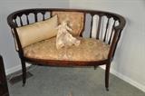 Vintage Upholstered Settee with Spindle Back