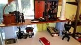 vintage microscopes, binoculars, cameras