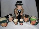 Royal Doulton Toby Jugs including Robin Hood - Long John Silver - Sairey Gamp - Winston Churchill
