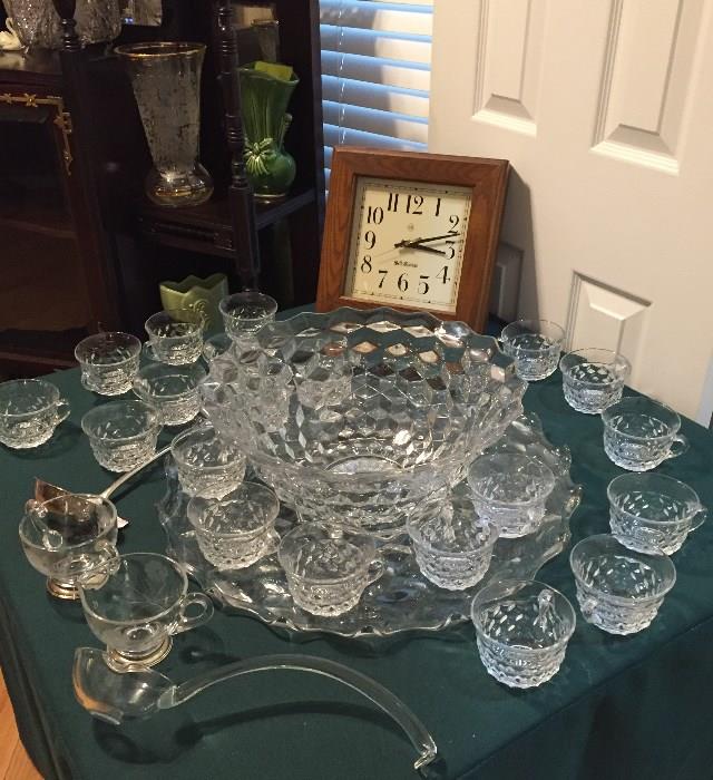 American Fostoria Punch bowl, under plate and cups, Seth Thomas Clock, etc.
