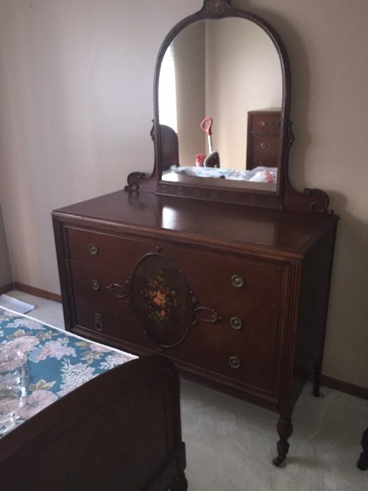 BEAUTIFUL HANDMADE/HANDPAINTED 1800S VICTORIAN BEDROOM SET BY WCR GRAND RAPIDS FURNITURE COMPANY ( INCLUDES TALL CHEST OF DRAWERES / FULL SIZE HEADBOARD WITH FOOTBOARD AND DRESSER WITH MIRROR)