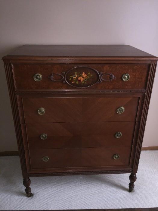 BEAUTIFUL HANDMADE/HANDPAINTED 1800S VICTORIAN BEDROOM SET BY WCR GRAND RAPIDS FURNITURE COMPANY ( INCLUDES TALL CHEST OF DRAWERES / FULL SIZE HEADBOARD WITH FOOTBOARD AND DRESSER WITH MIRROR)